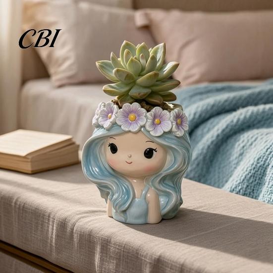 Unique Resin Planter with Flower Garland Cute Girl Planter, Blue Hair Head Small Succulents for Desk Decorative Plant Pot Cacti Indoor Plants