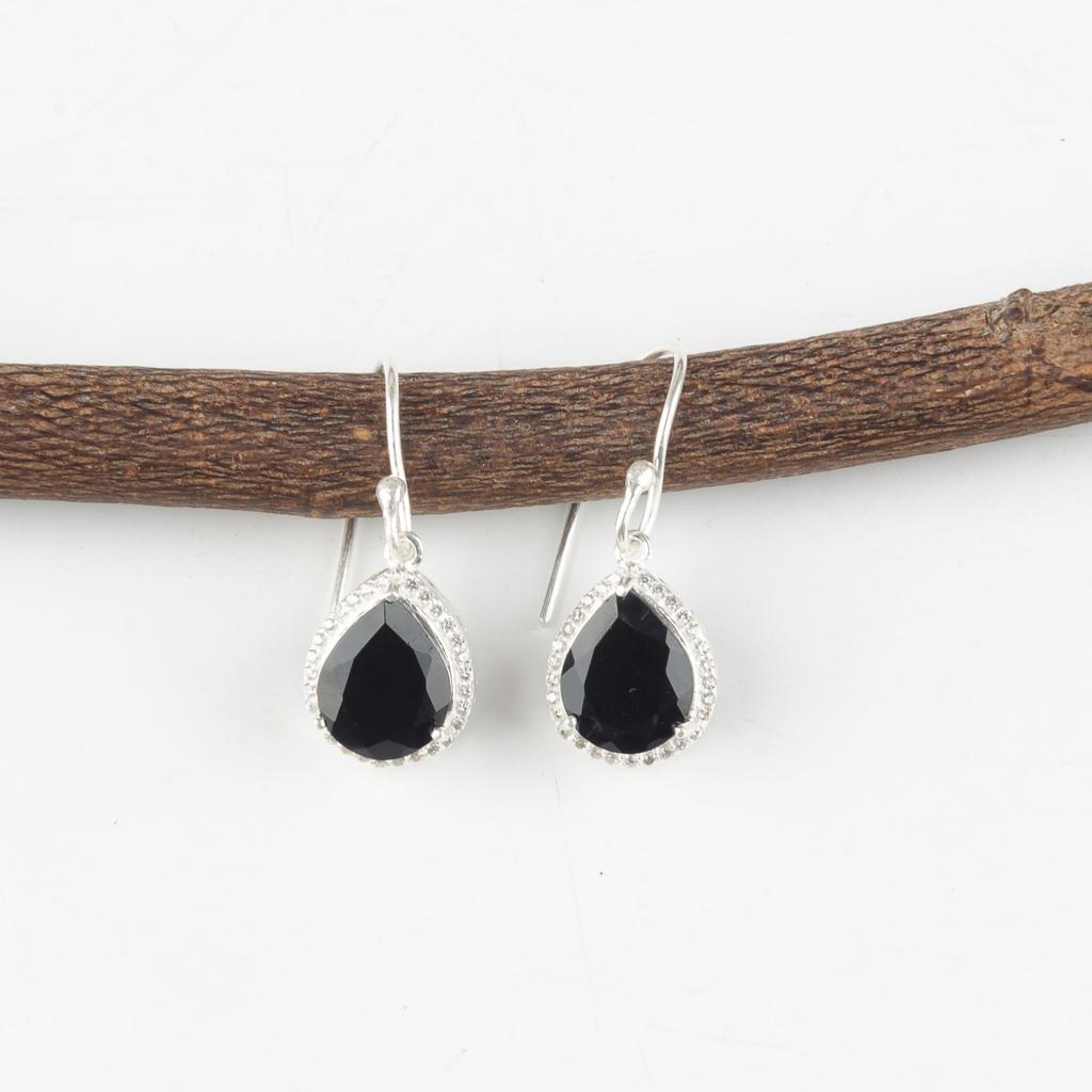 Black Onyx Gemstone 925 Sterling Silver Jewelry Zircon Earrings 1.80" For Women CZE-4-5