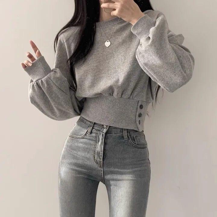 Autumn Niche Design Sense Round Neck Buckle Waist Slimming Long Sleeved Pullover Hoodie Top for Women