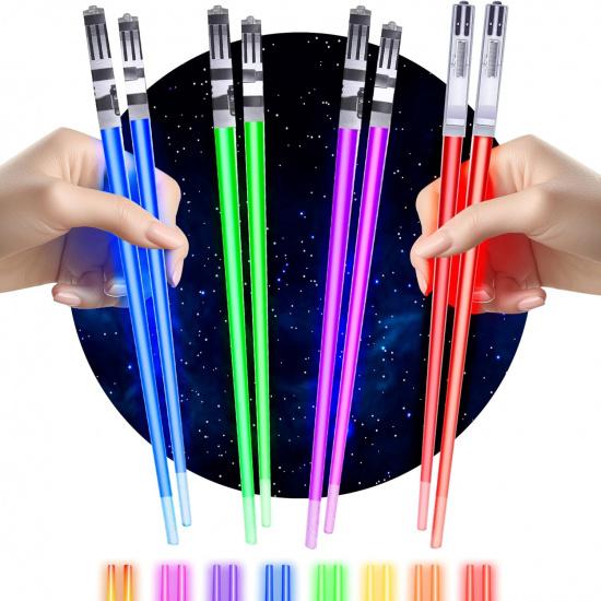 Lightsaber Chopsticks Star Wars Light Up - LED Glowing Light Saber Chop Sticks - Reble Sushi Lightup Sabers Chopstick Set Of 4 Pairs - Blue & Red &