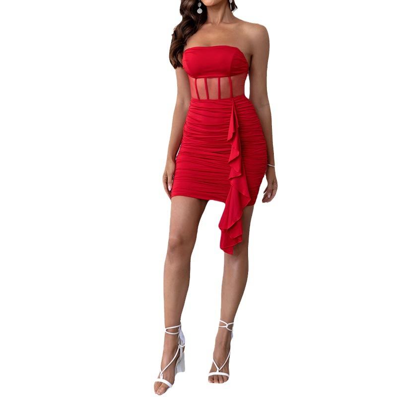 European and American fashion new party dress slim-fitting sexy tube top dress mesh stitching design hip-wrapped short skirt