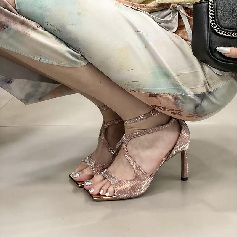 4 High Heels sind nicht fußmüde, schöne Sandalen, Frühlings-Senior-Feeling sexy pinke dünne Absätze eckige Spitze High Heels Damen