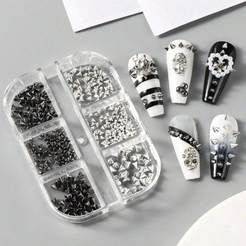 Edgy Y2K Goth Grunge Nail Charms – Spike Cone Rivet Studs in Black Silver Gold, Punk Alloy Nail Art Accessories Kit