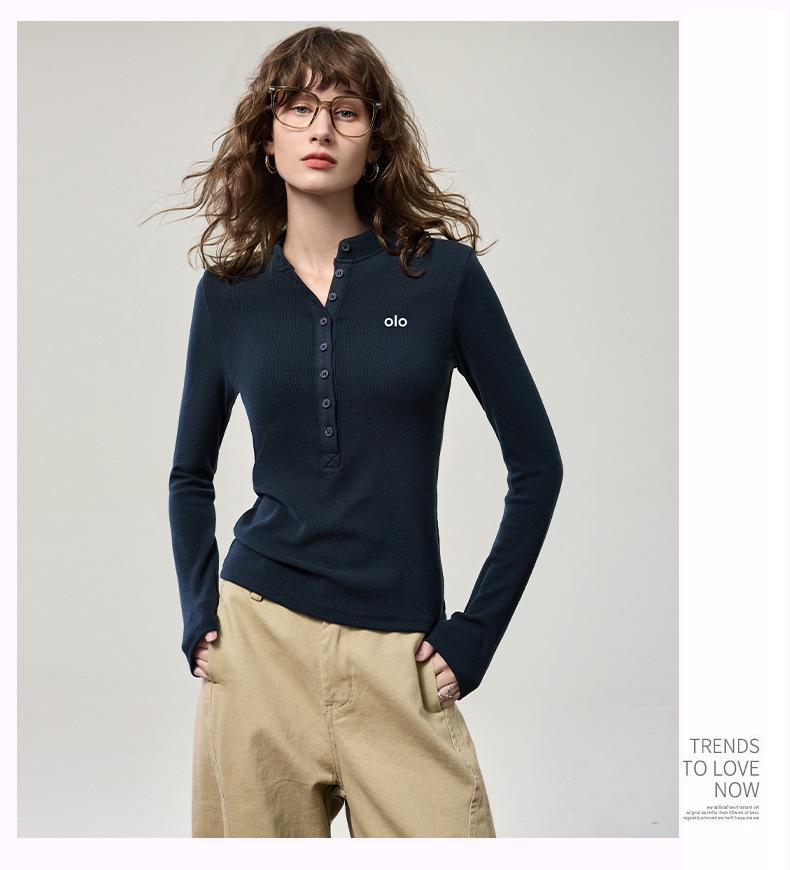 Dámské broušené tričko s knoflíkovou légou a dlouhým rukávem - Podzimní potisk 2025 Slim základní vrstva