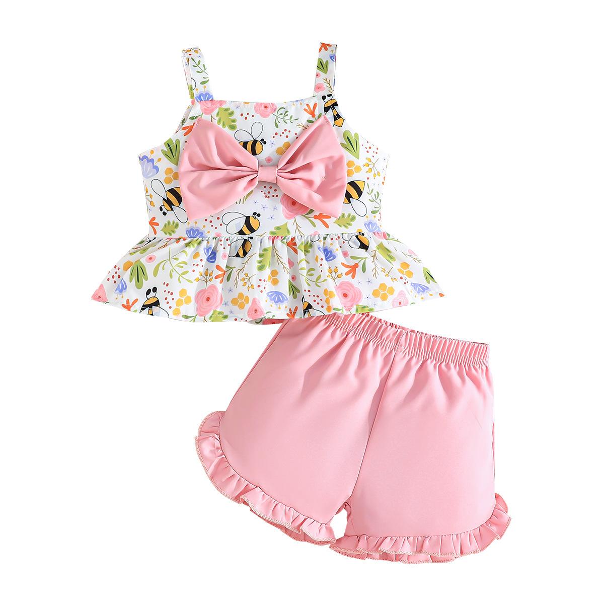 

Baby Girl Summer Cute Bee Flower Print Sleeveless Set Fashionable and Comfortable Two-Piece Set 2-3Y рожевий