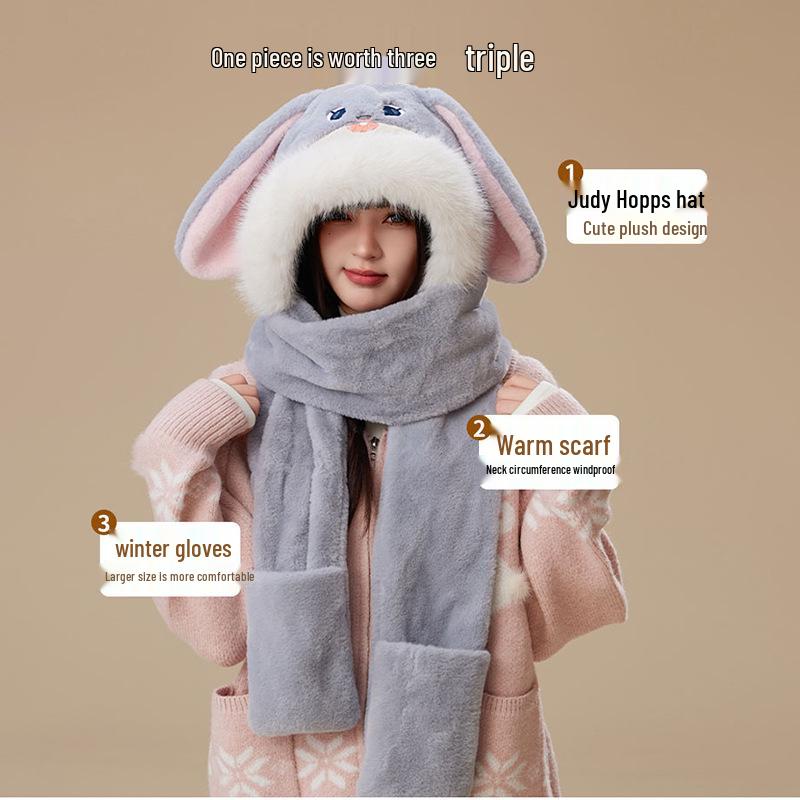 Zootopia Judy Rabbit Winter Warm 3-Piece Set: Plush Hat, Scarf, and Gloves