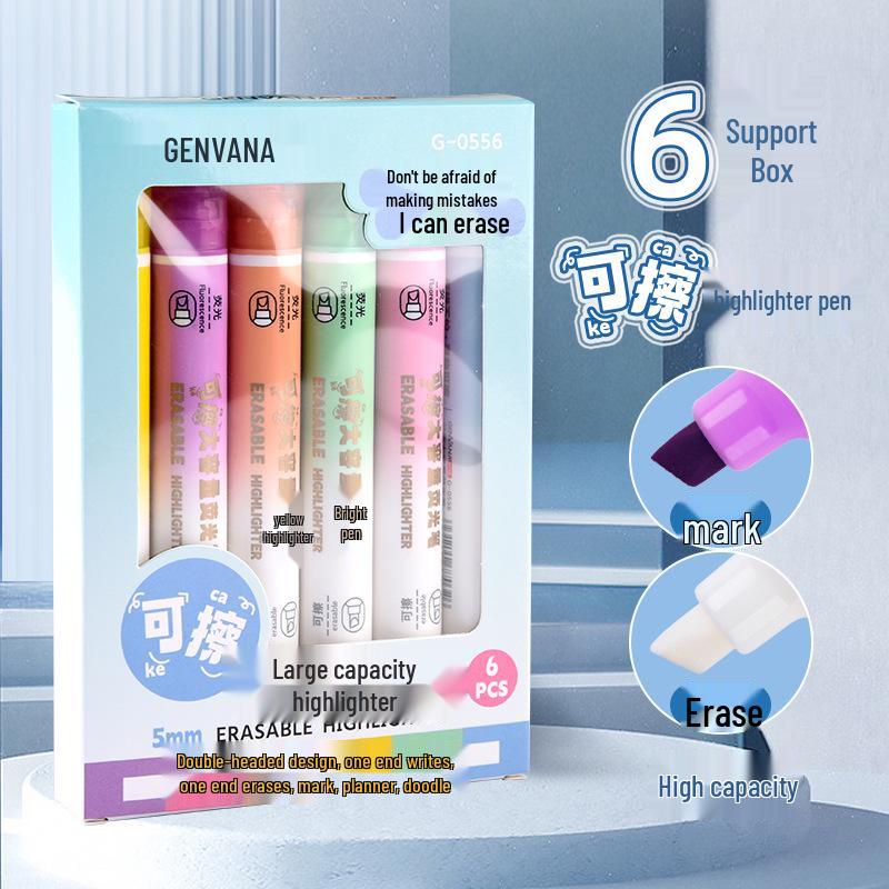 Jin Wannian Large Capacity 6-Color Erasable Double-Ended Highlighter Marker Pen Set