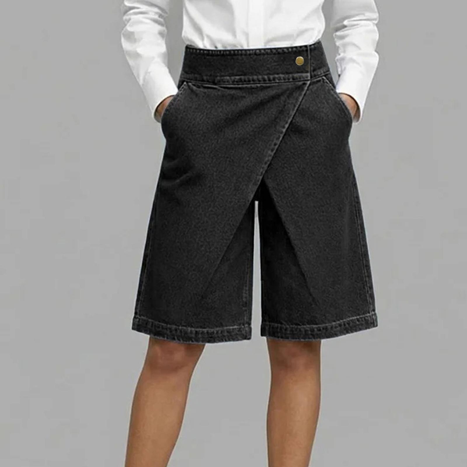

Women’s Casual Solid Button Pocket Shorts Relaxed Fit Fashion Mid Waist Knee Length Loose Denim Style for Everyday Wear L чёрный