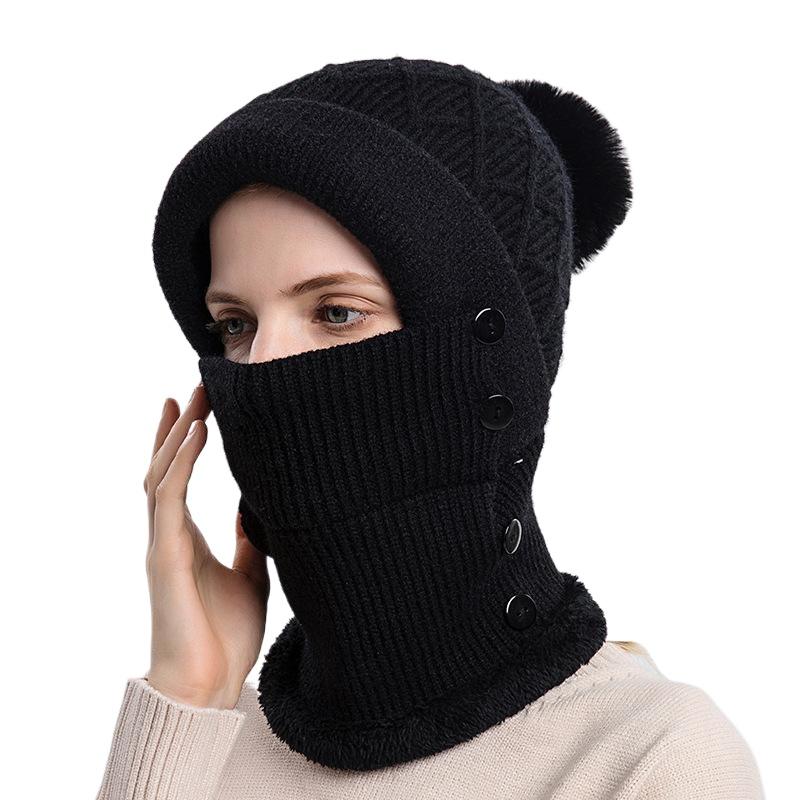 Hat and scarf integrated women's autumn and winter warm knitted hat cycling fleece pullover hat windproof ear protection wool hat