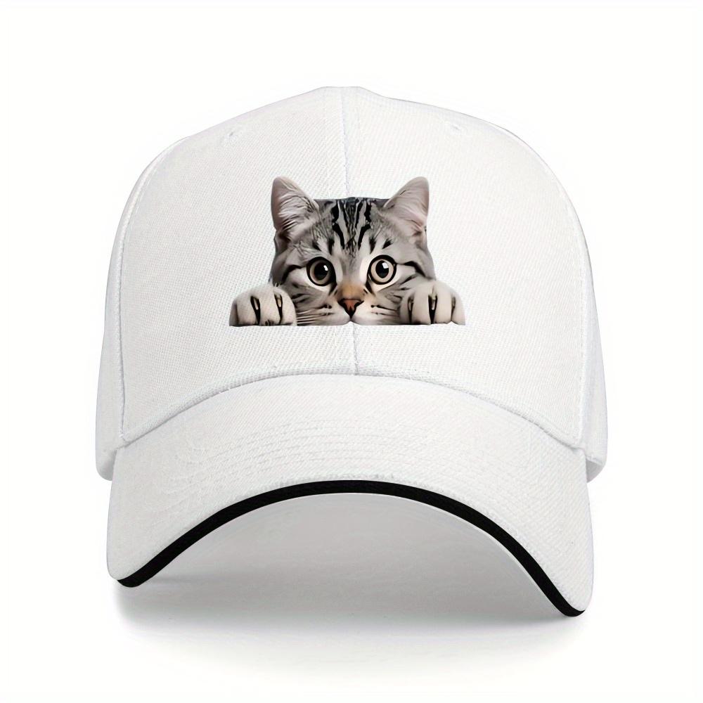 Peeking Cat Face Kitten Design Baseball Cap Polyester Adjustable Strap Casual Outdoor Hat for Unisex Adults