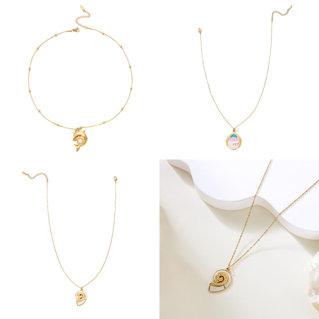 Marine Theme Stainless Steel Pendant Necklace With Pearl And Turtle Design For Summer Fashion