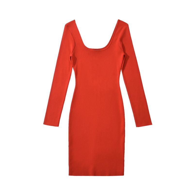 Chic U-neck Long-Sleeve Knit Dress - Slim-Fit French Style Bodycon Skirt for Autumn One Size