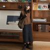 Retro Korean Style High-Waist Slimming Denim Midi Skirt with Split for Women