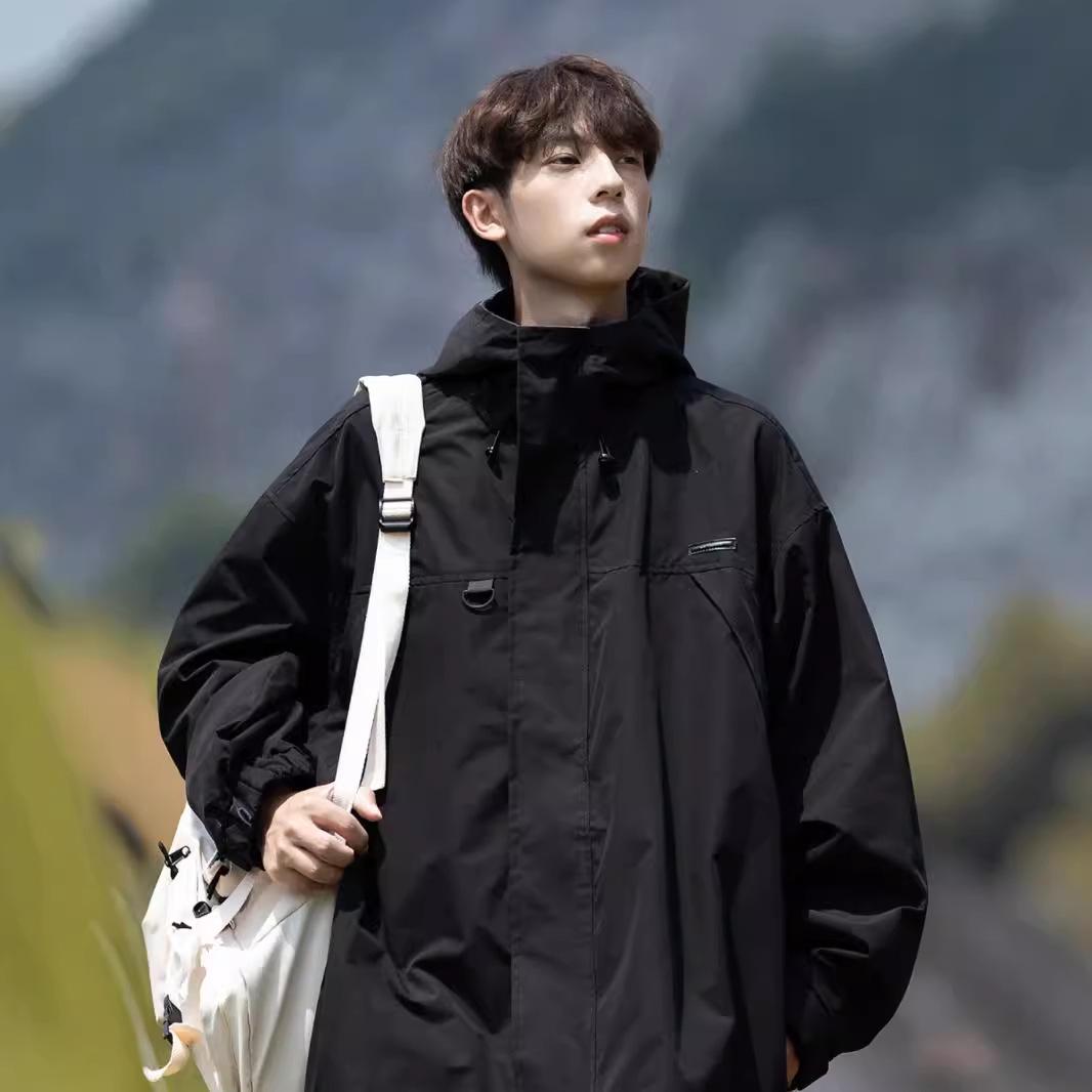 

Men s Black Hooded Windproof Jacket: Spring/Autumn Japanese Trendy Loose Fit Mountaineering Workwear M чорний
