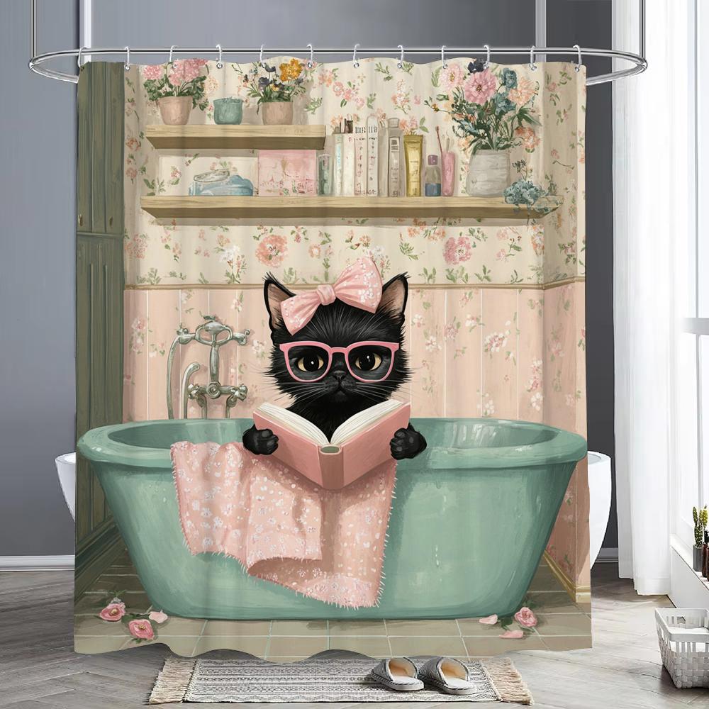 Bathroom Cat Shower Curtain, Floral Plants,Black Cat in the Bathtub Bathroom Decorative Shower Curtain, Home Curtain with Hooks
