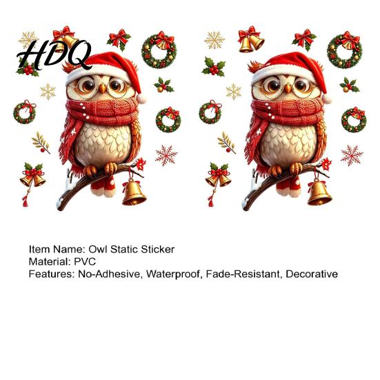 Removable Winter Wall Decals Christmas Cute Owl Static Window Clings Santa Hat Scarf Wreath Bell Snowflake Holiday Glass for Windows Decals,