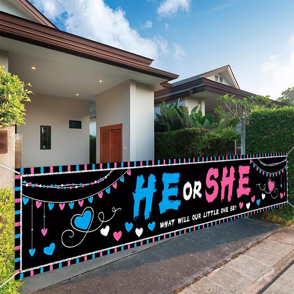 118 x 20 Inches Burnouts Or Bows Gender Reveal Banner Yard Sign Decoration Pink Bowknot Or Tyre Theme Party Polyester Supplies What Will Baby Shower Blue Pink