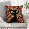 2D Flat Printing, 1pc, Black Cat with Blue Eyes Amidst Red And White Floral Pattern, Pillow Cover, Polyester, Perfect for Decorating Sofas And Bedroom