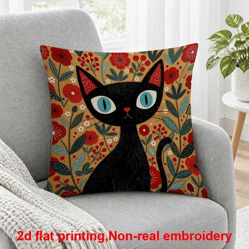 2D Flat Printing, 1pc, Black Cat with Blue Eyes Amidst Red And White Floral Pattern, Pillow Cover, Polyester, Perfect for Decorating Sofas And Bedroom