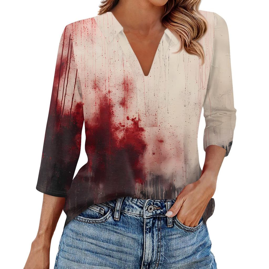 Women's Fashion Casual Lapel 3/4 Sleeve Halloween Print Shirt Women's V-Neck Tops