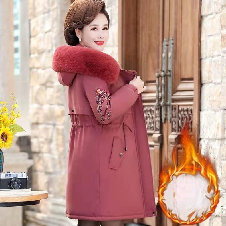 Women's Winter Fleece Padded Jacket Thick Warm Mid-Length Embroidered Hooded Padded Coat