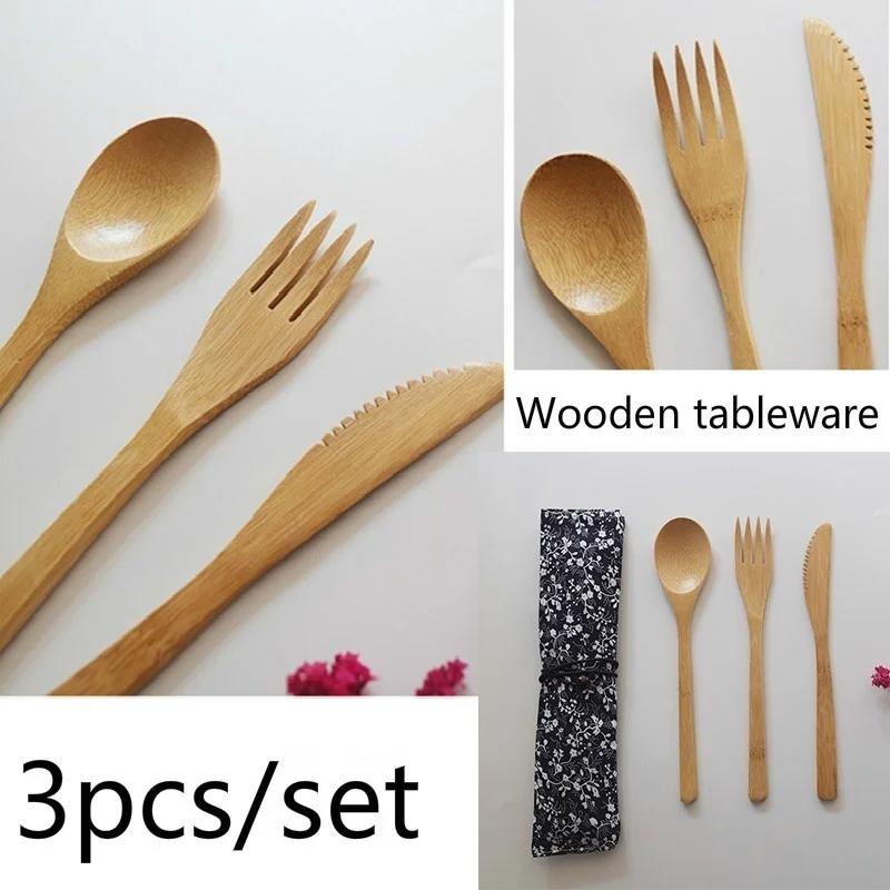 3Pc/set Wooden Dinner Set Bamboo Fork Knife Soup Teaspoon Cutlery Dining Table Cooking Tools Kitchen Utensil Dinnerware Sets