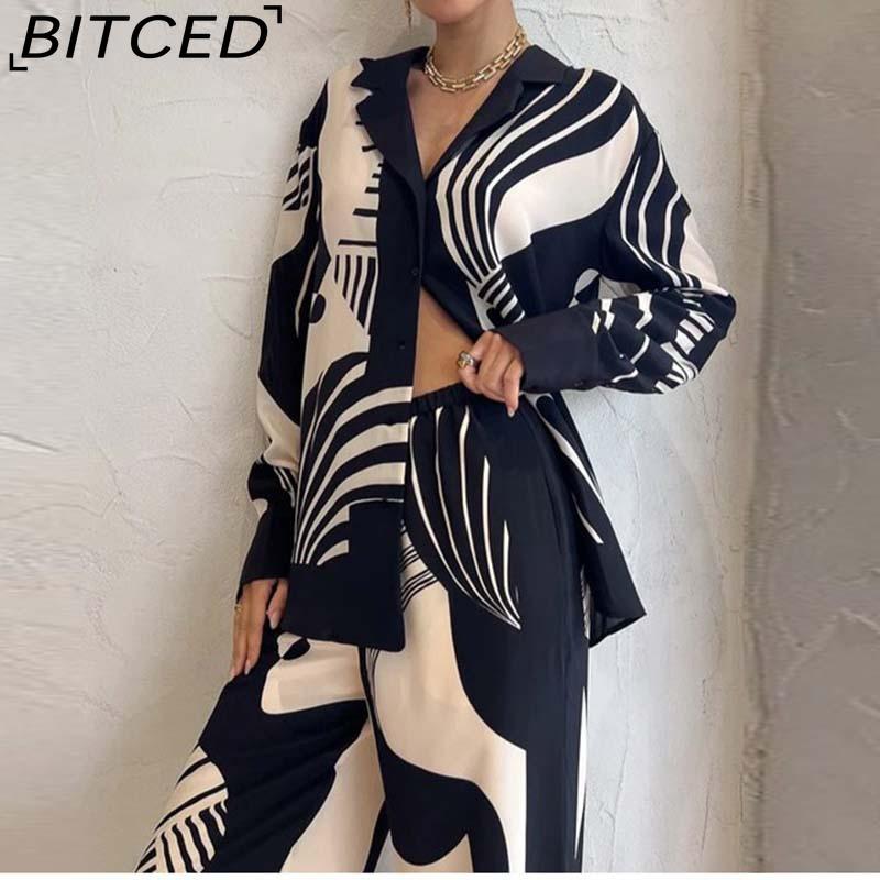 BITCED Damen Frühjahrskollektion: Eleganter Homewear-Stil Bedrucktes Langarm-Oberteil und Hose Lässiges Mode-Set