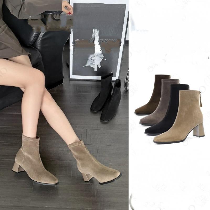 High-heeled Pointed-toe Ankle Boots for Women, Fleece New Autumn and Winter Boots, and Chunk-heeled Shoes