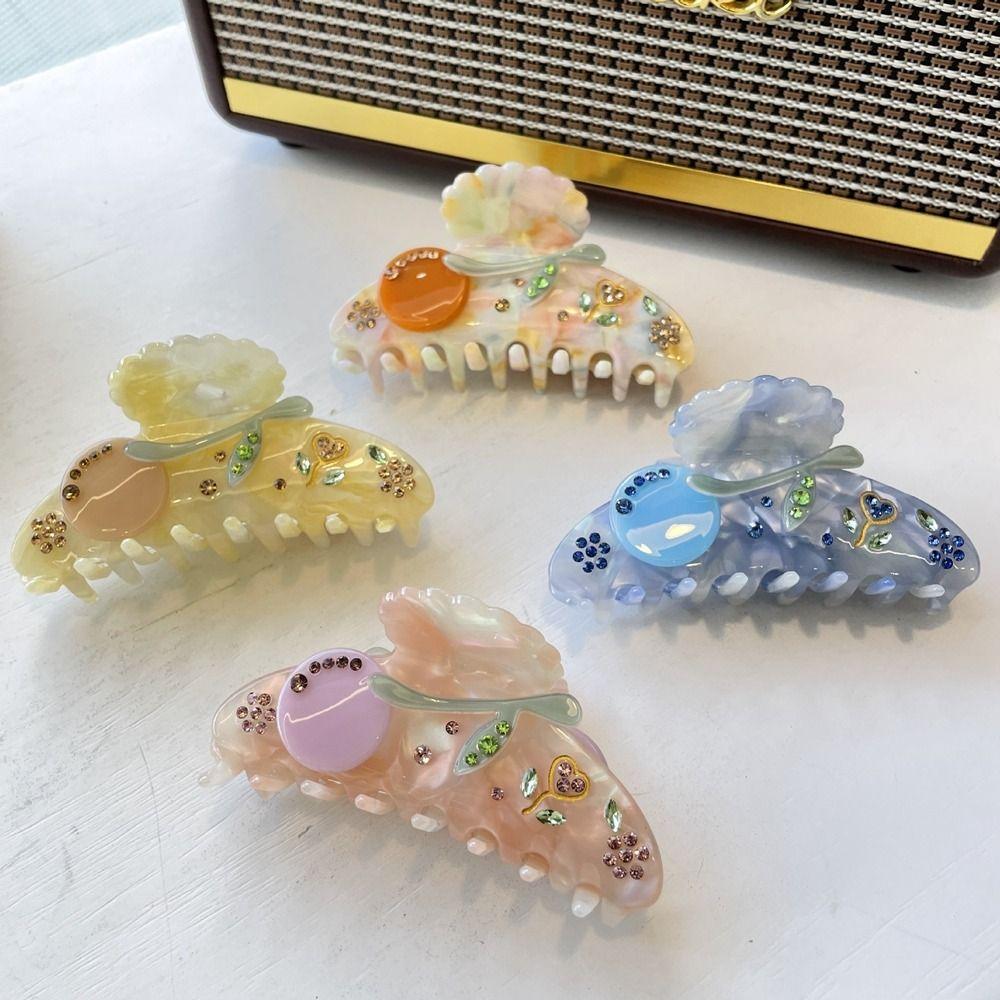 Cherry Rhinestone Hair Clip Acetic Acid Shark Clip Cute Acetate Flower Hair Claw  Female