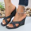 Fashion slope heel cool slippers summer new denim round head cross hollow high heel sandals