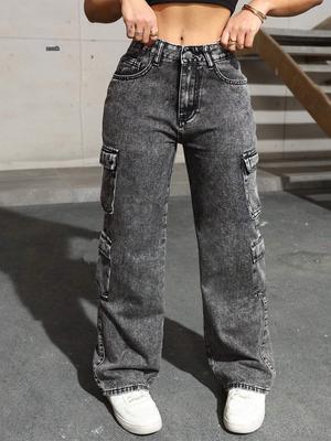 European and American Youth Washed Irregular Women's Multi-Pocket Work Jeans