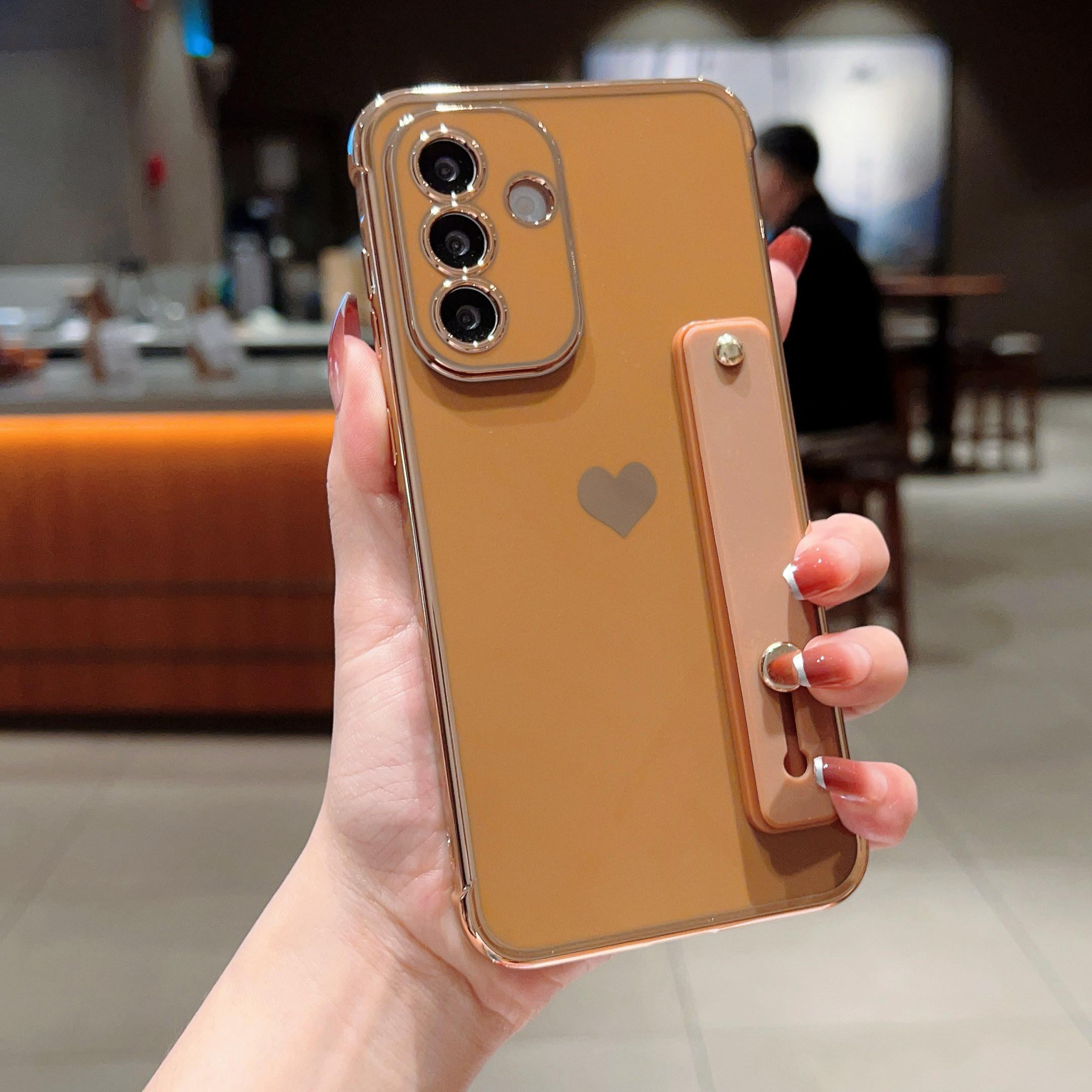 

For Samsung Galaxy A55 5G Case with Strip Kickstand Electroplating Edge Love Heart Soft TPU Phone Cover Desert Gold