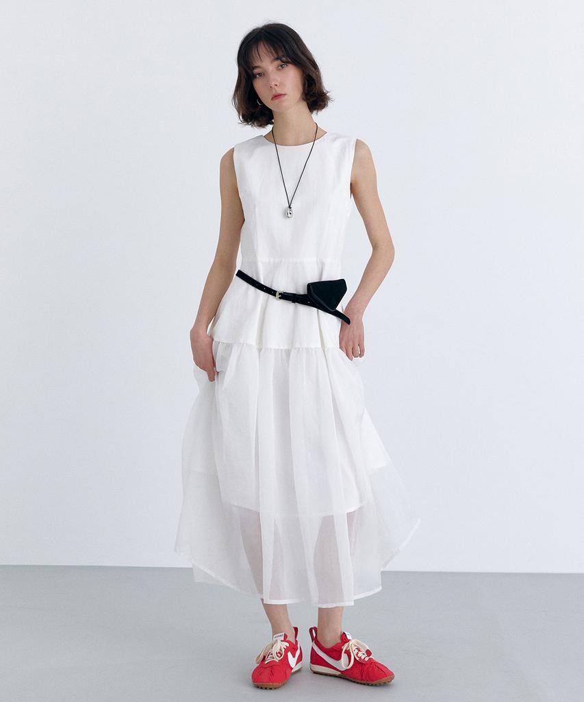 Cloet Organza Layered Sleeveless Dress + White