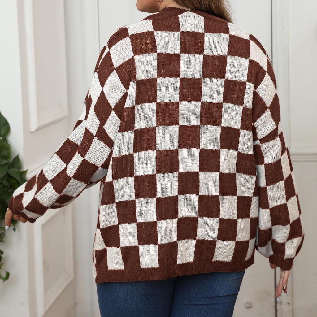 Women's Woolen Cardigan Plus Plus Women's Contrasting Color Patchwork Checkerboard Loose Casual Sweater Jacket