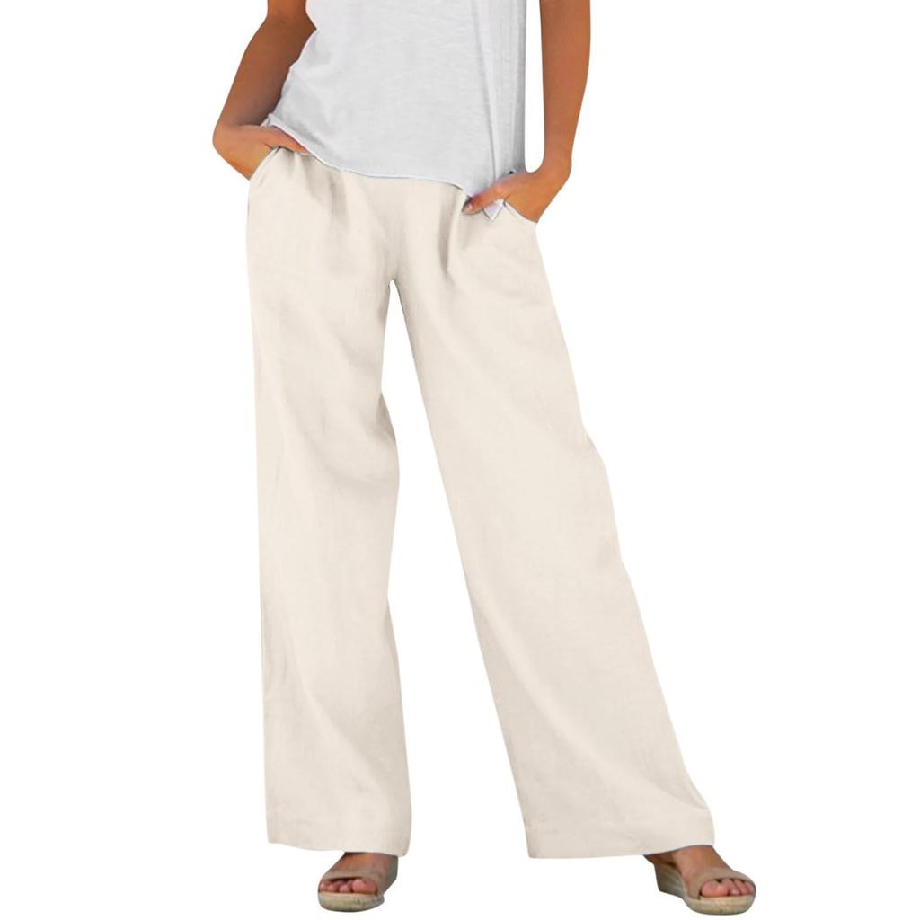 Women's Fashion Relaxed Fit Cotton-Linen Blend Pocket Elastic Waist Wide-Leg Casual Pants