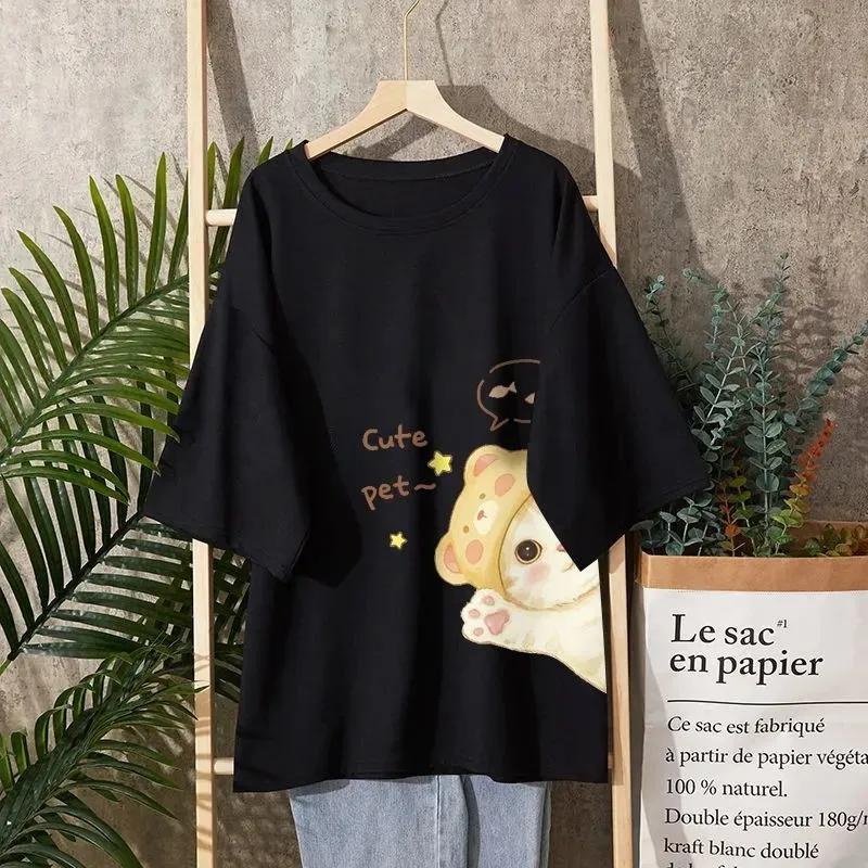 T-shirt Women Casual Large Size Loose Round Neck Printed Pullover Short-sleeved Tops