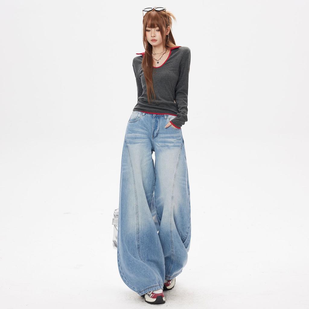 Autumn Winter High Street 3D Cut Relaxed Slim Saber Cut Wide Leg Denim Pants For Women Casual Pants Oversize Denim Trousers