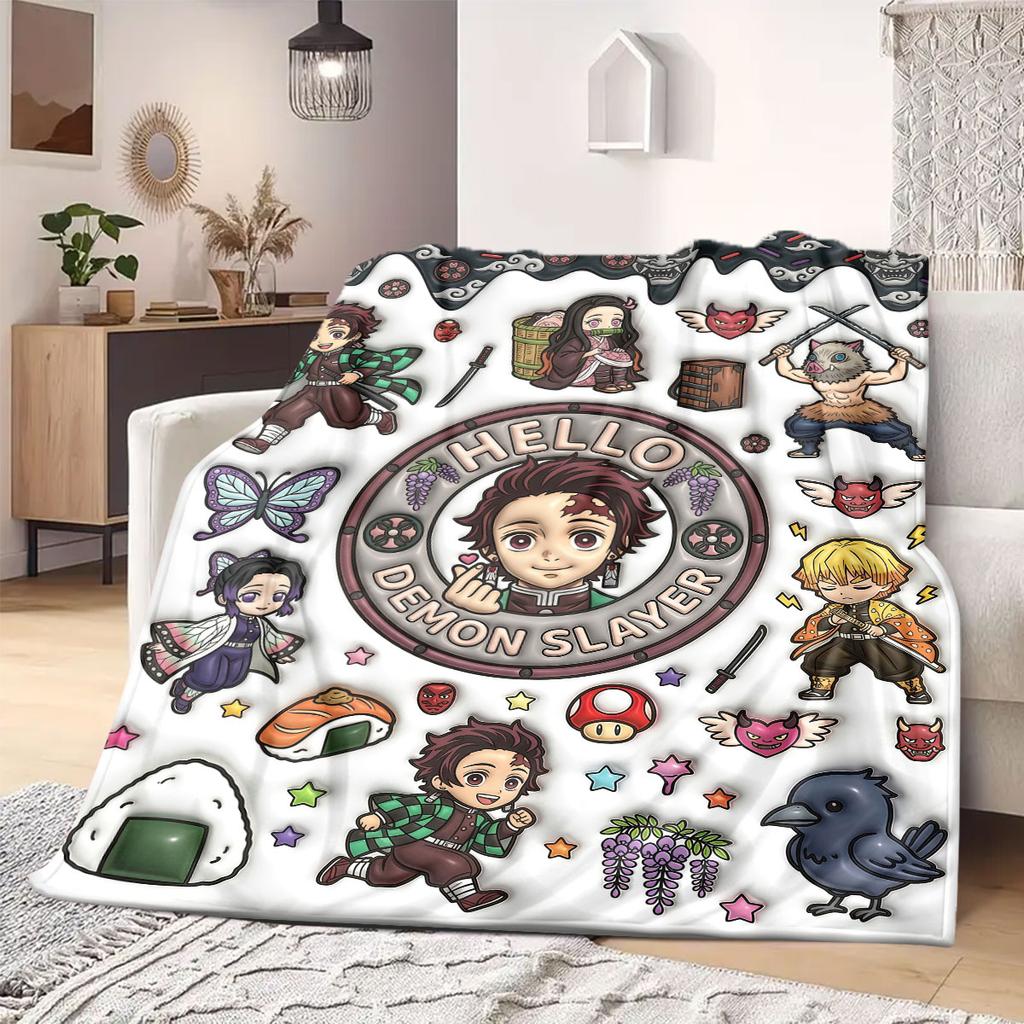 Demon Slayer Deluxe 2D Cartoon Flannel Blanket, Printed Art for Sofa, Soft Bedding for Travel Picnic Rug_LIAN