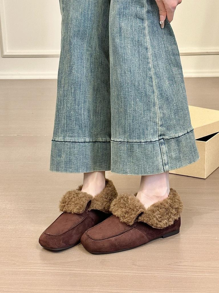 Fleece loafers with heightened square head inside, fluffy shoes to keep warm, cotton single shoes in autumn and winter