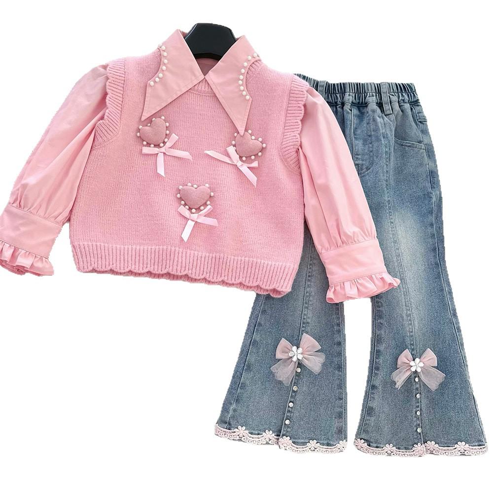 Girls' Pink Heart Knit Vest & Flare Jeans Three-Piece Set - 2025 Fashion Style
