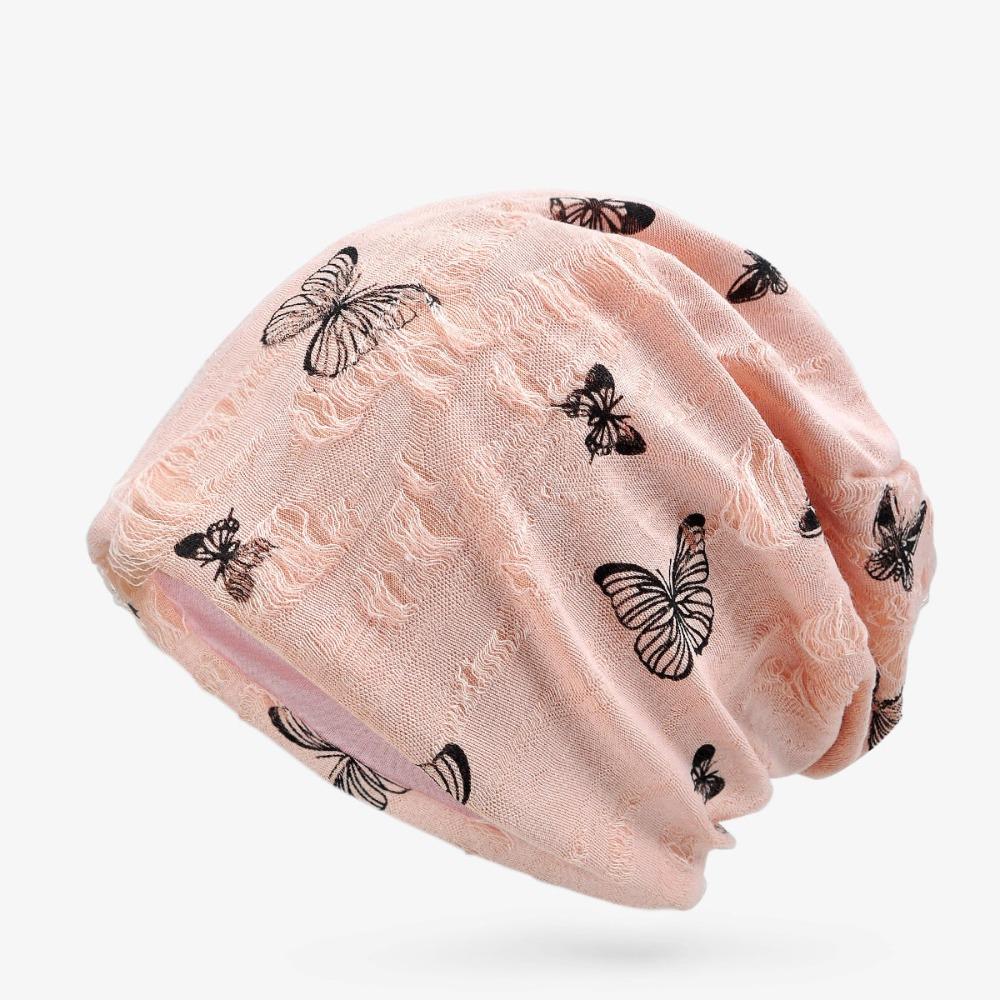 Holes Hair Caps Thin Knitted Hat Fashion Butterfly Print Beanies  Streetwear