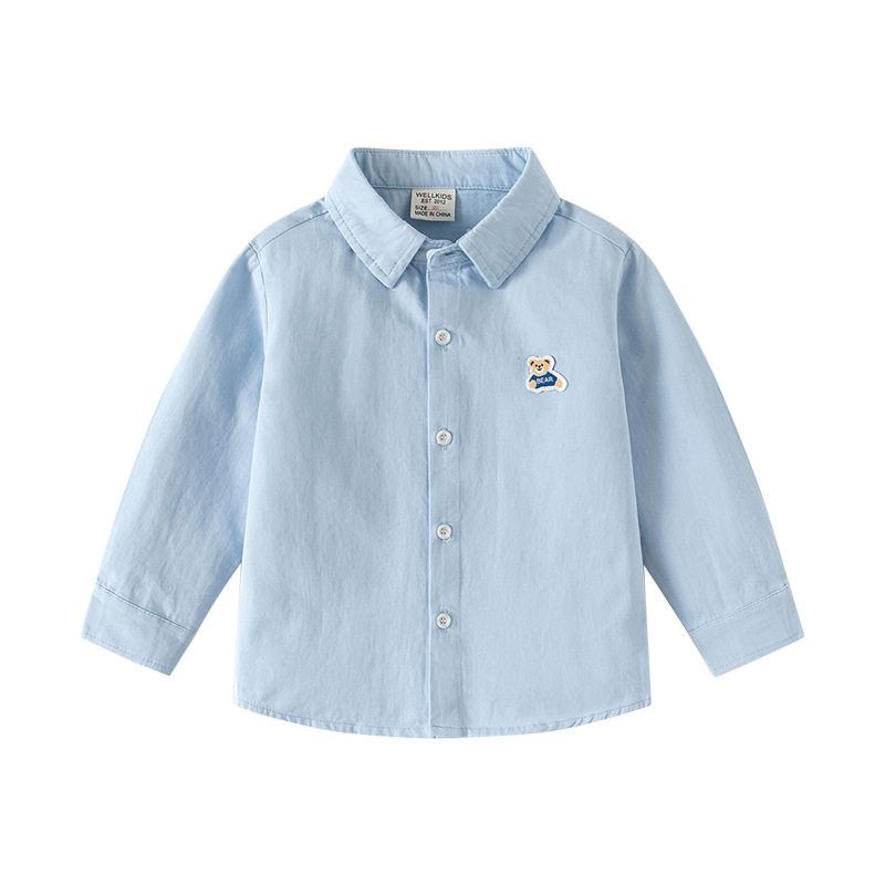 Boys' Long-Sleeved Shirt Men's Treasure Stripes Embroidered Shirt K-style Kids Loose Bear Lapel Cardigan Casual Tops