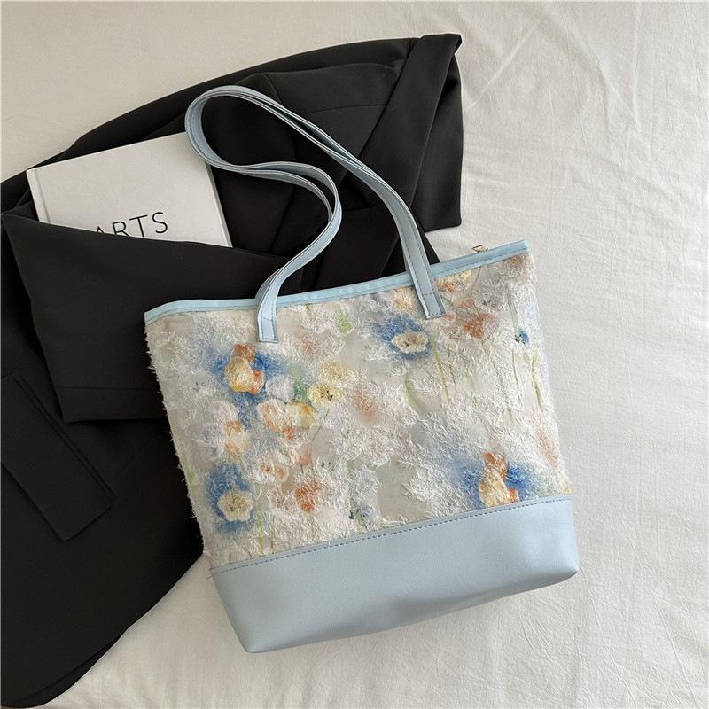 

2025 новая китайская литературная и художественная живопись тушью, маленькая свежая женская сумка через плечо, большая вместительная сумка-тоут, сумка-фея синий