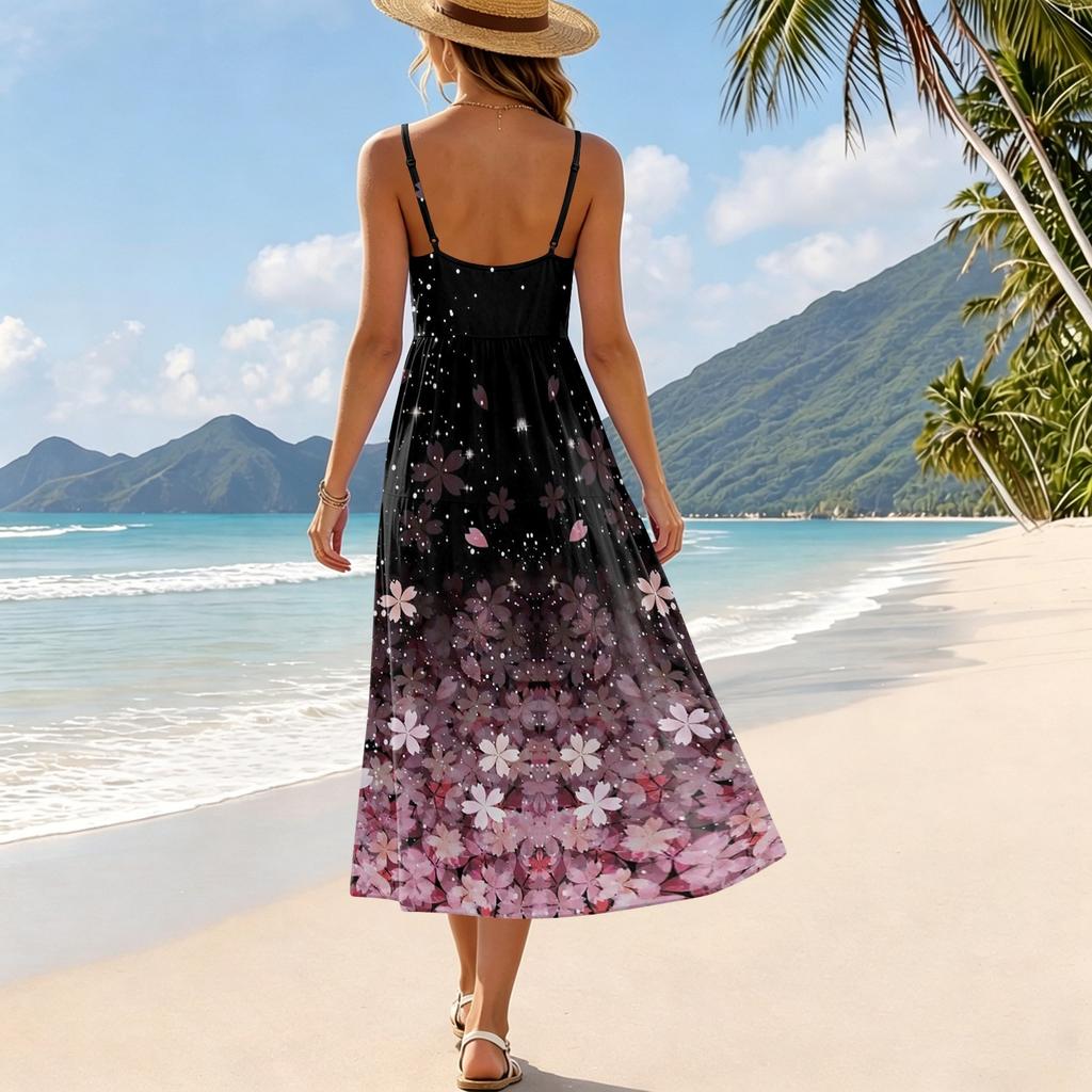 Women’s Summer Floral Print Adjustable Strap Bohemian Casual Beach Holiday Sundress with Pockets Loose Fit Sleeveless Dress
