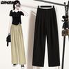 DIMANAF 2023 New Plus Size Summer Long Pants Women Pants Loose Straight Buttons Casual Female Basic Trousers Wide Leg Pants 4XL