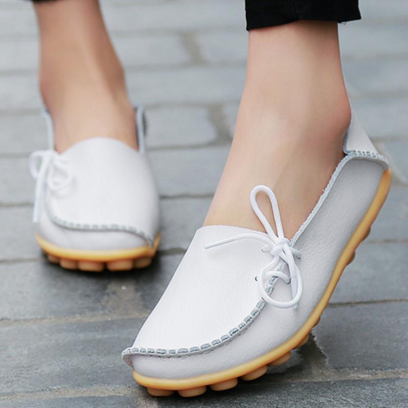Fashion Genuine Leather Women Flats Bowtie Black Shoes For Women Women Slip On Round Toe Shoes Woman Plus Size Shoes