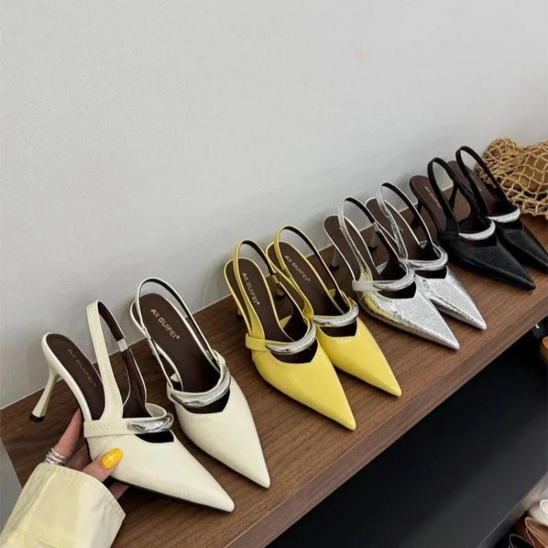 Fashion New High Heels Women Pumps Pointed Toe Slingbacks Suede Leather Summer Shoes Woman String Bead Kitten Heels Sandals Women