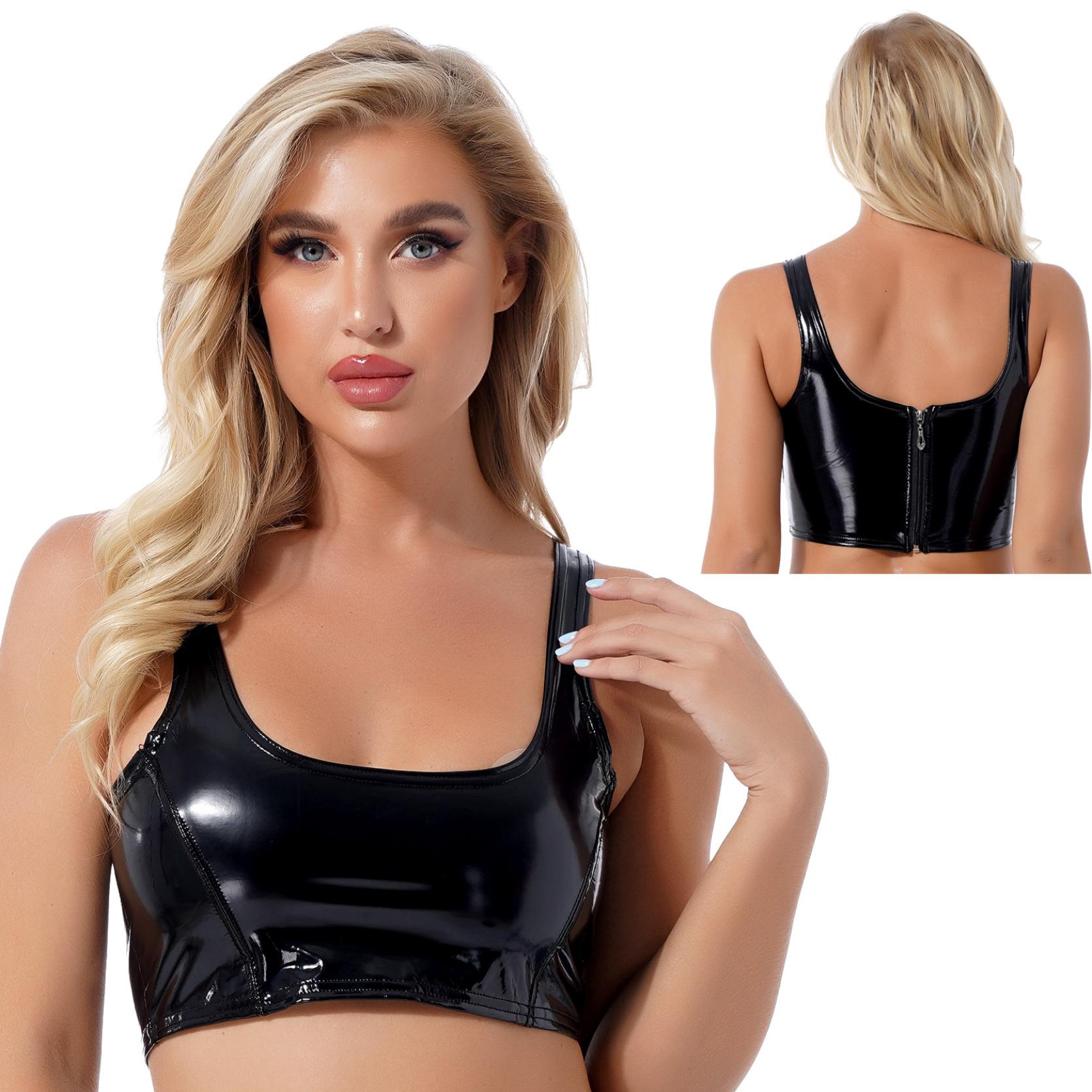 

Женский укороченный топ из латекса с круглым вырезом, нижнее белье, облегающие майки без подкладки, топы на бретелях, клубная одежда Rave S чёрный