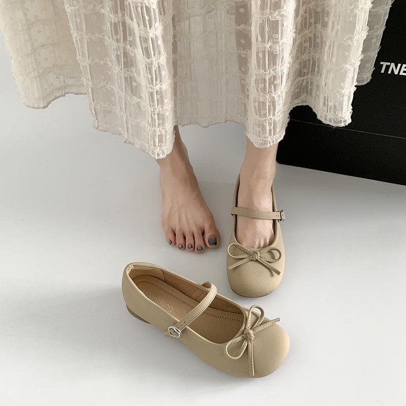 Gentle Round Head Bow Girly Feeling Small Low Heel Temperament Matching Skirt Shallow Mouth Mary Jane Small Leather Shoes Women