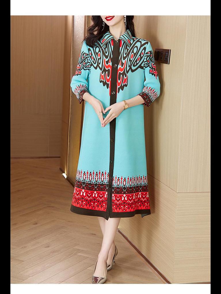 Spring Floral Pleated A-Line Dress Jacket for Women - Plus Size